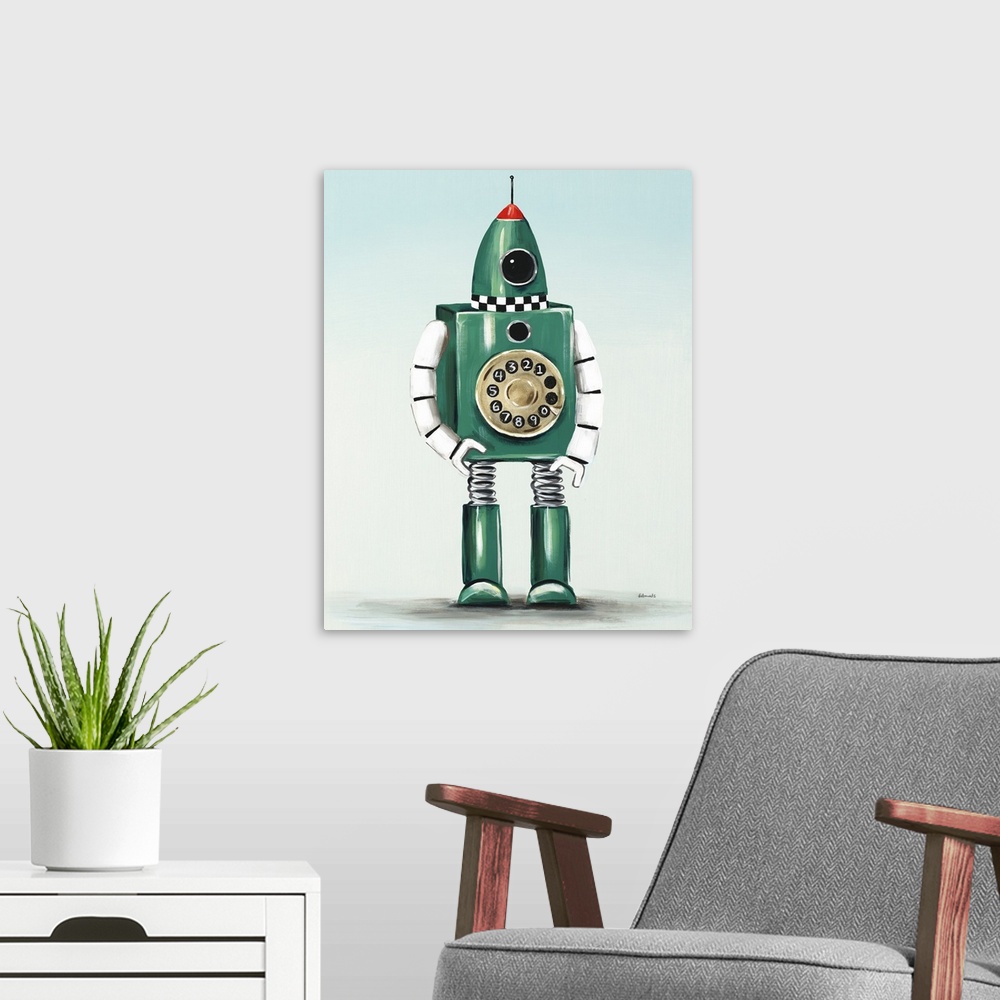 A modern room featuring Contemporary painting of a green robot with an old fashioned phone dial on its middle section.
