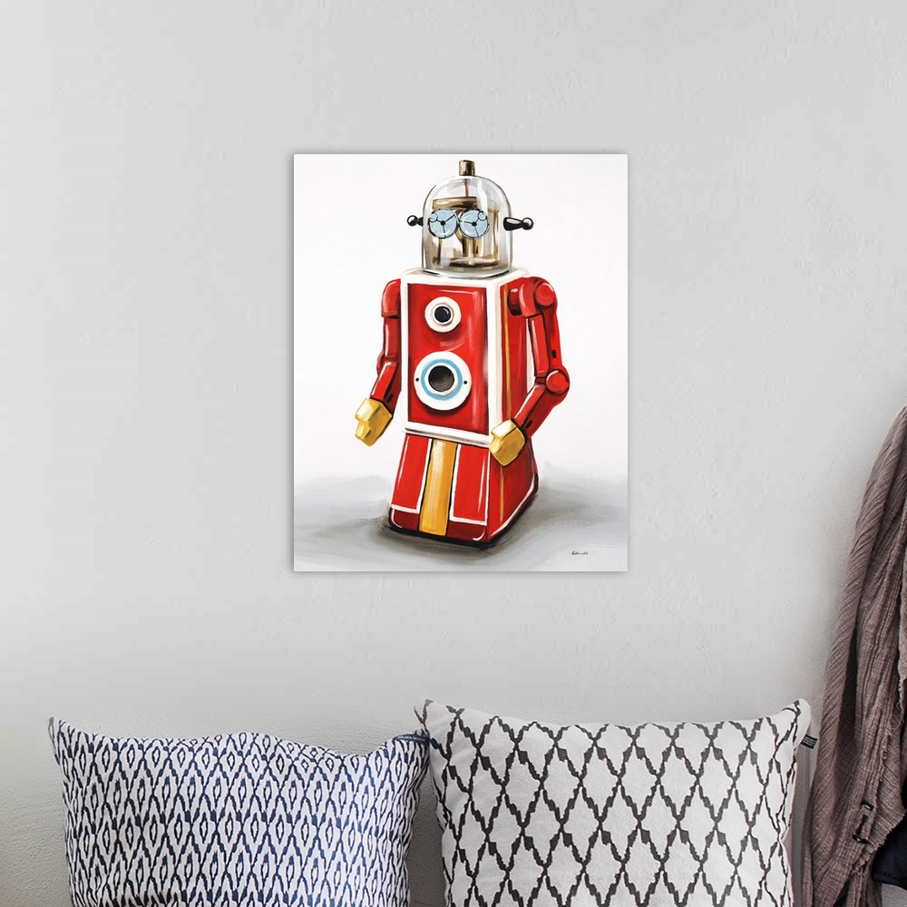 A bohemian room featuring Contemporary painting of a red and yellow robot with blue eyes on a white and gray background.