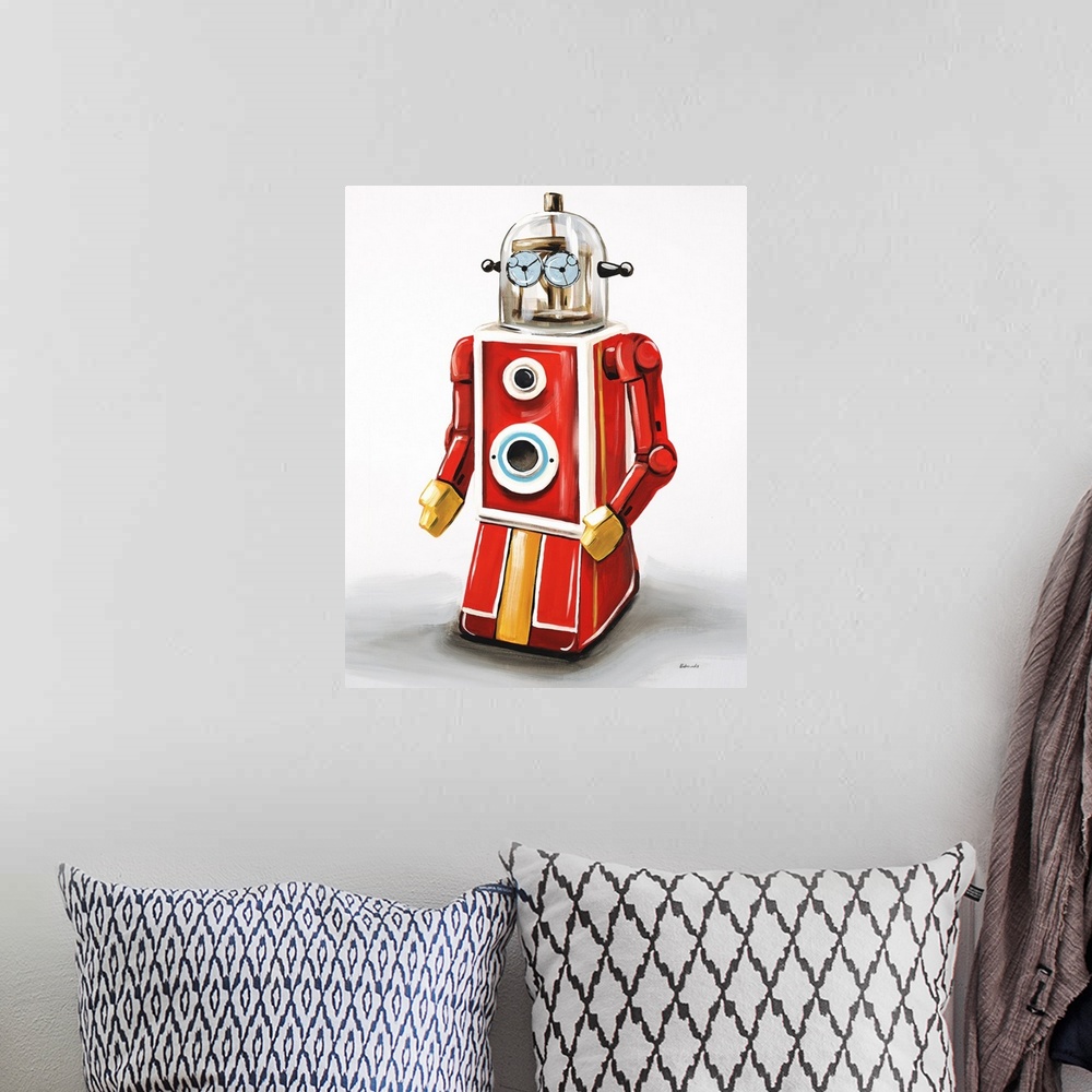 A bohemian room featuring Contemporary painting of a red and yellow robot with blue eyes on a white and gray background.