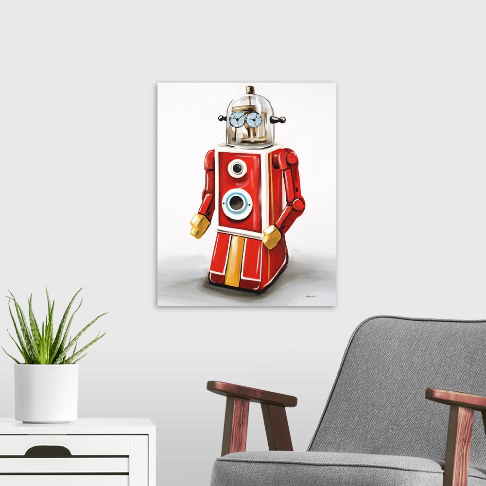 A modern room featuring Contemporary painting of a red and yellow robot with blue eyes on a white and gray background.