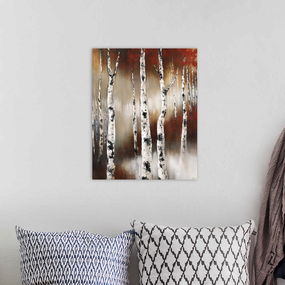 A bohemian room featuring Contemporary painting of birch trees in a forest in the fall.