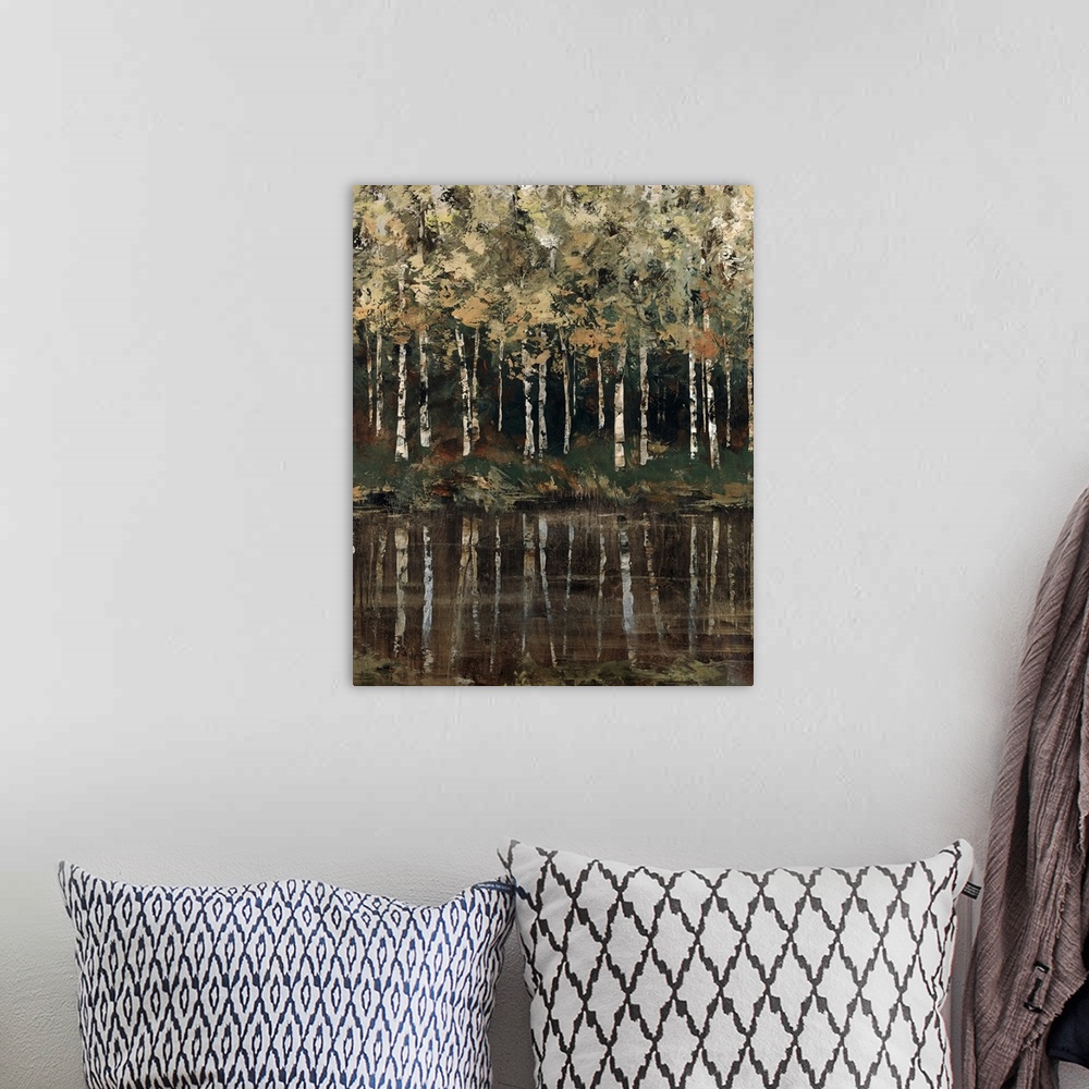 A bohemian room featuring Artwork of birch trees near the shores of a lake in mostly neutral tones.