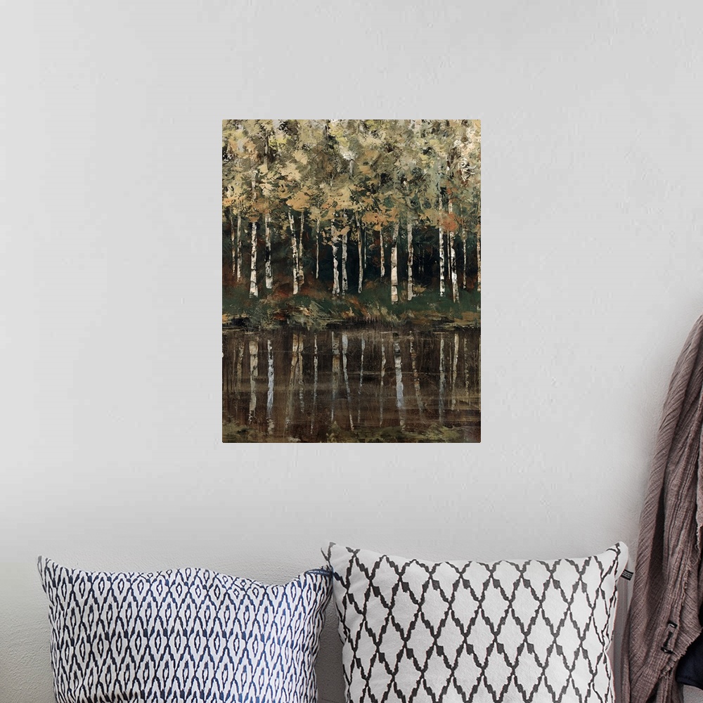 A bohemian room featuring Artwork of birch trees near the shores of a lake in mostly neutral tones.