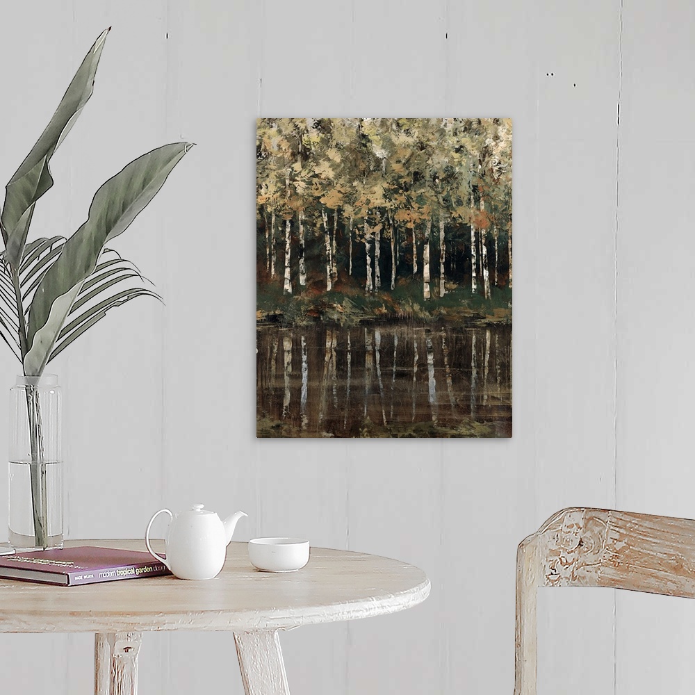 A farmhouse room featuring Artwork of birch trees near the shores of a lake in mostly neutral tones.