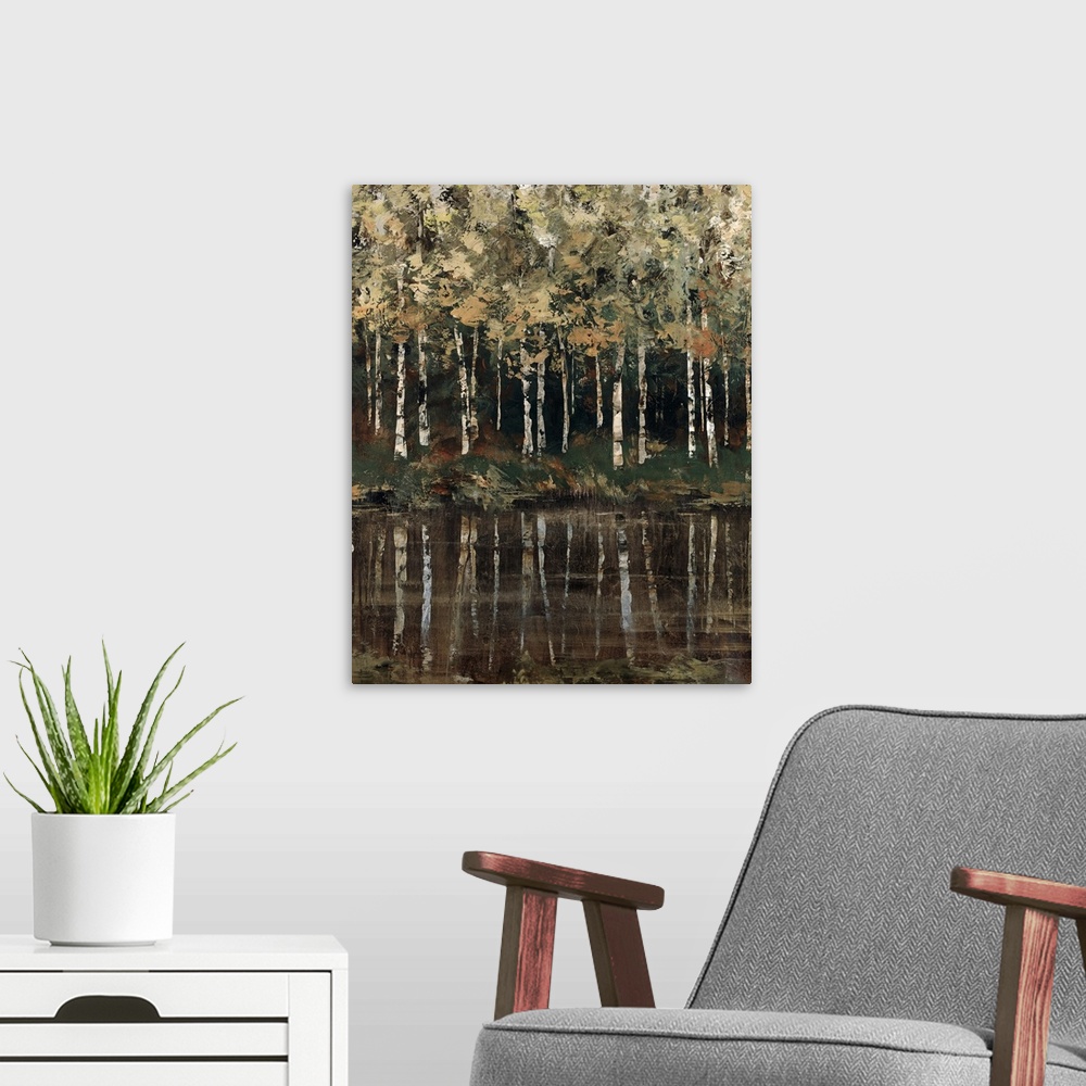 A modern room featuring Artwork of birch trees near the shores of a lake in mostly neutral tones.