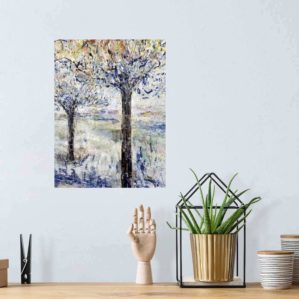 A bohemian room featuring Vertical contemporary painting of two trees in textured brush strokes.