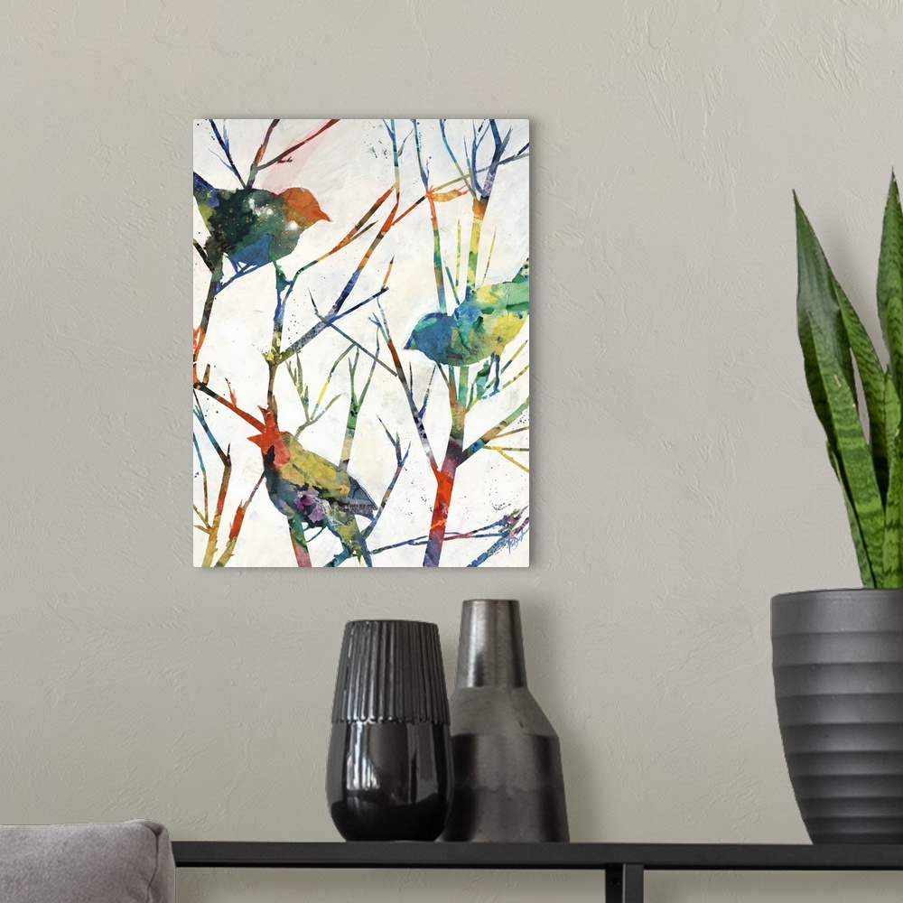 A modern room featuring Contemporary art of several multicolored birds perched on bare tree branches that are vibrantly c...