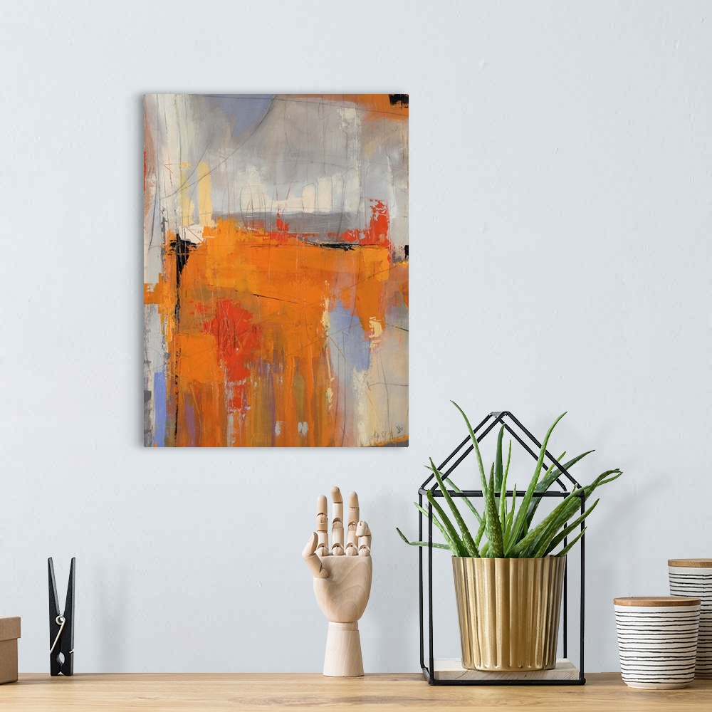 A bohemian room featuring Abstract painting of a large orange mass streaked with darker tones and surrounded by patches of ...