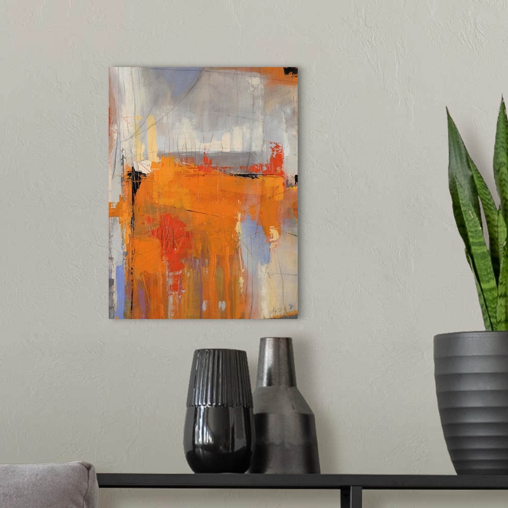 A modern room featuring Abstract painting of a large orange mass streaked with darker tones and surrounded by patches of ...