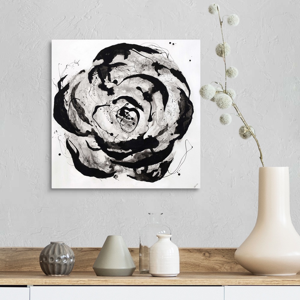 A farmhouse room featuring Contemporary painting of a single large flower in greyscale, painted in a circular motion with va...