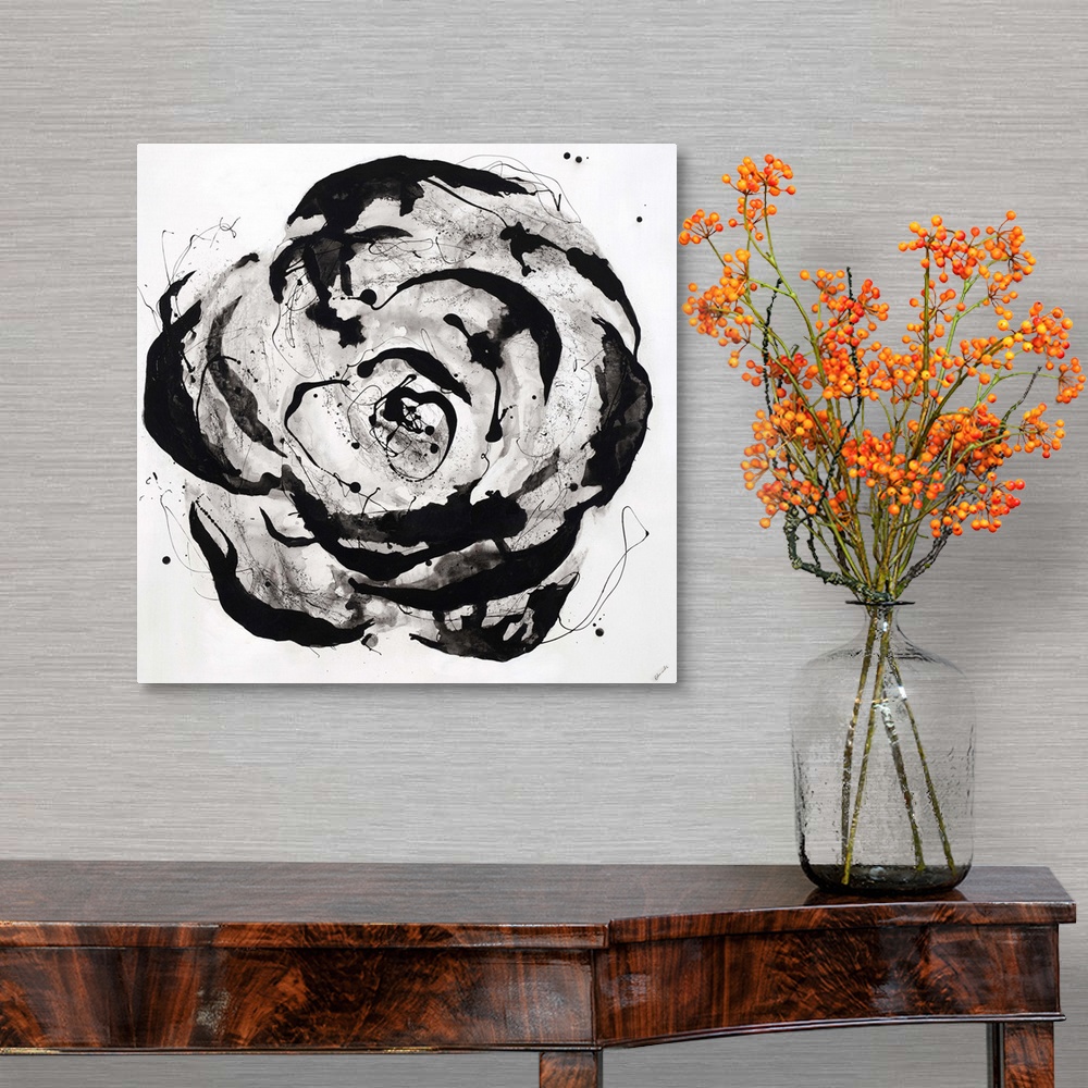 A traditional room featuring Contemporary painting of a single large flower in greyscale, painted in a circular motion with va...