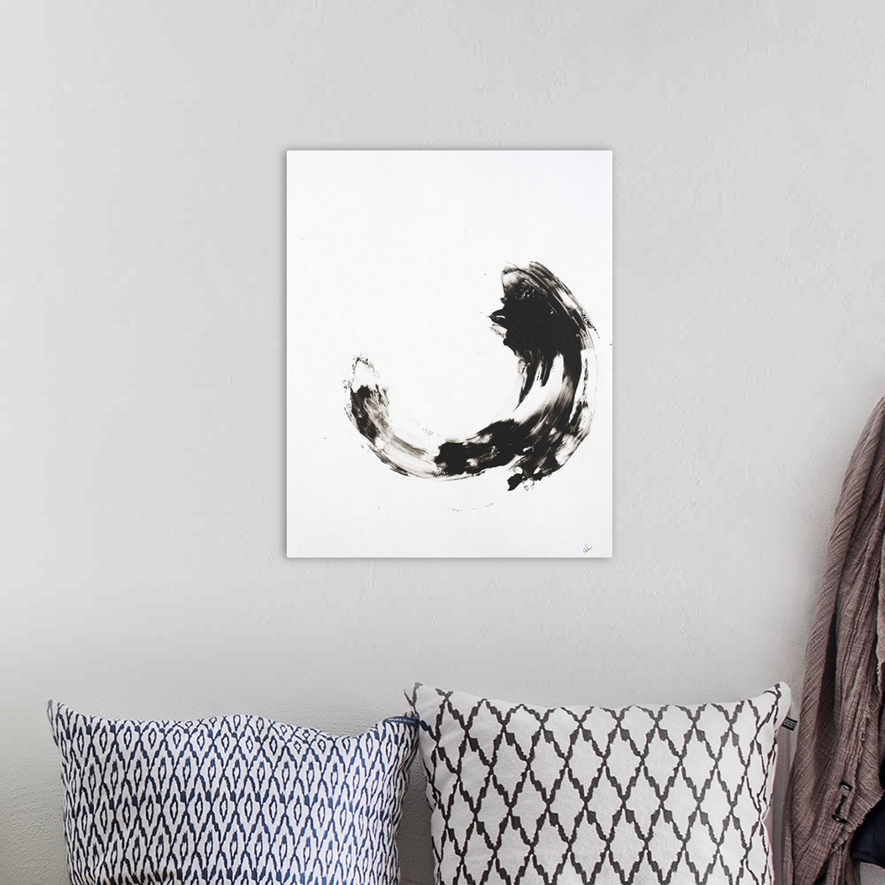 A bohemian room featuring Minimalist abstract painting with a black curved brushstroke in the middle of a white background.