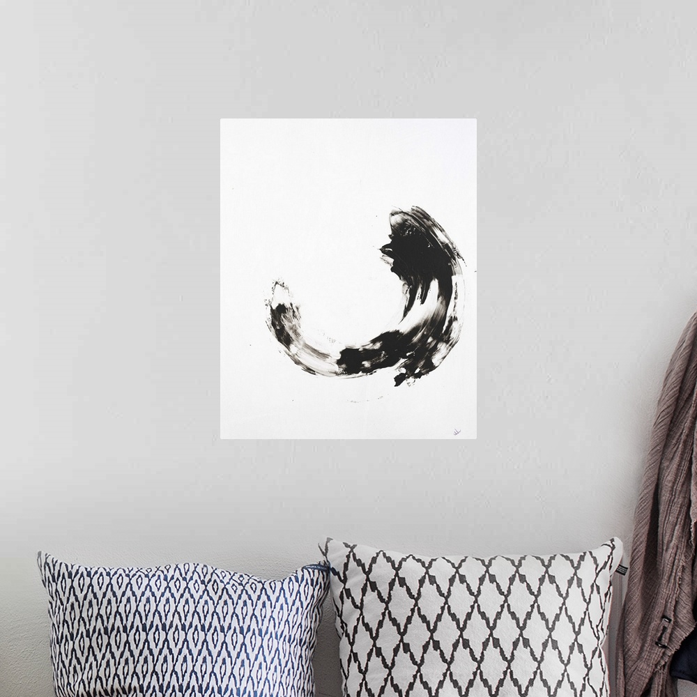 A bohemian room featuring Minimalist abstract painting with a black curved brushstroke in the middle of a white background.