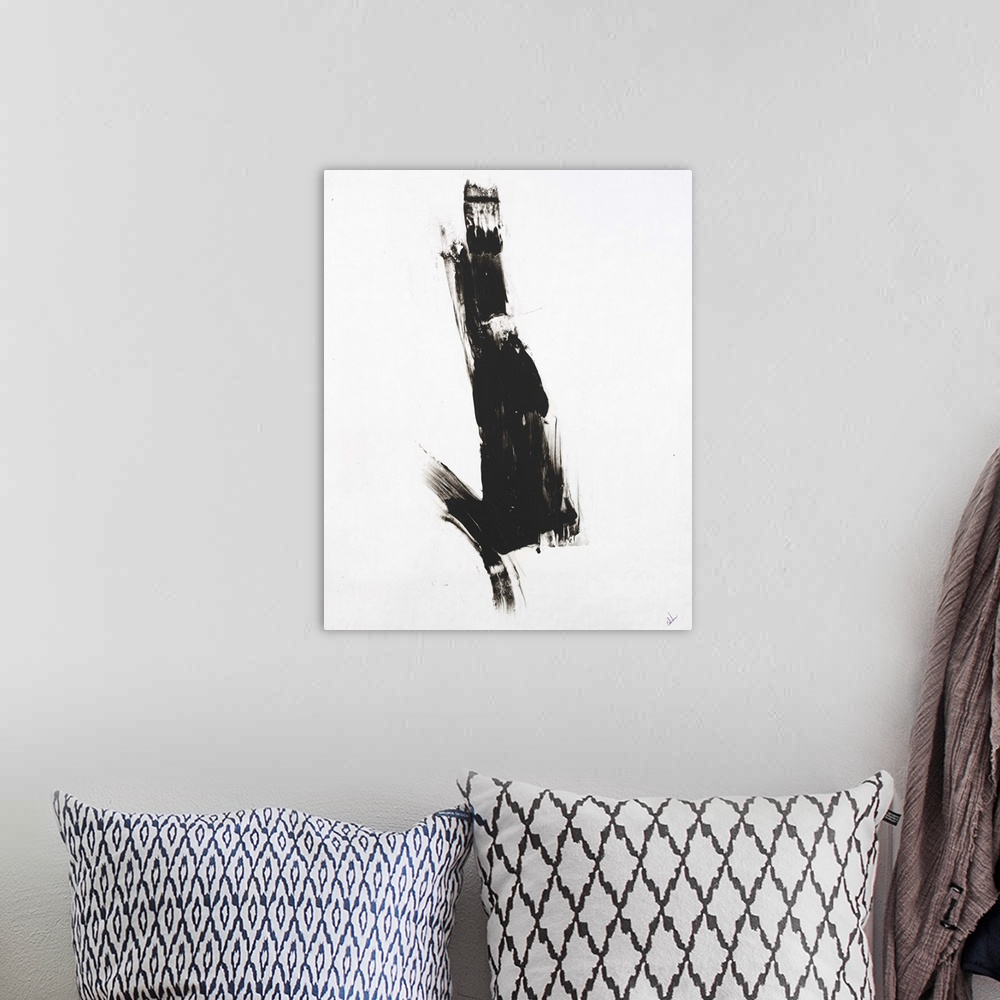 A bohemian room featuring Minimalist abstract painting with a black brushstroke in the middle of a white background.