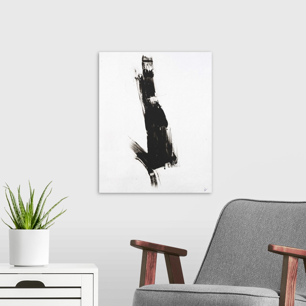 A modern room featuring Minimalist abstract painting with a black brushstroke in the middle of a white background.