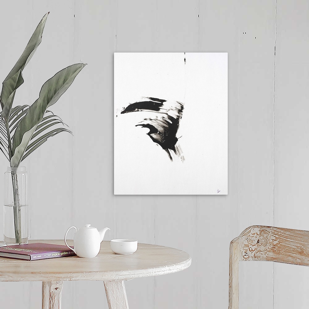 A farmhouse room featuring Minimalist abstract painting with a black brushstroke in the middle of a white background.