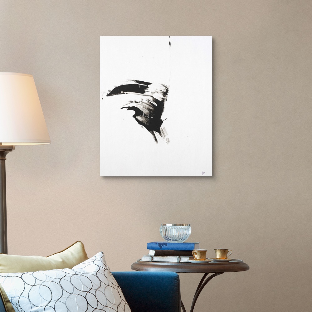 A traditional room featuring Minimalist abstract painting with a black brushstroke in the middle of a white background.