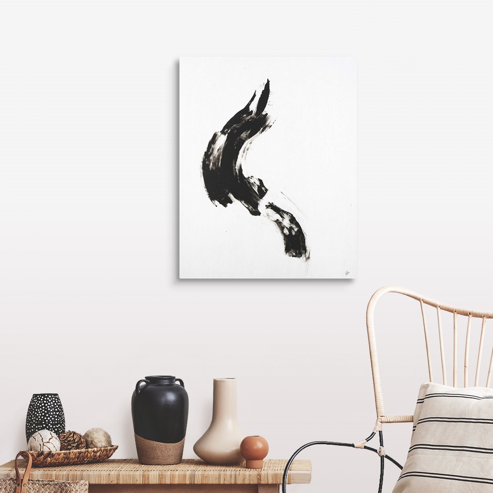 A farmhouse room featuring Minimalist abstract painting with a black brushstroke in the middle of a white background.