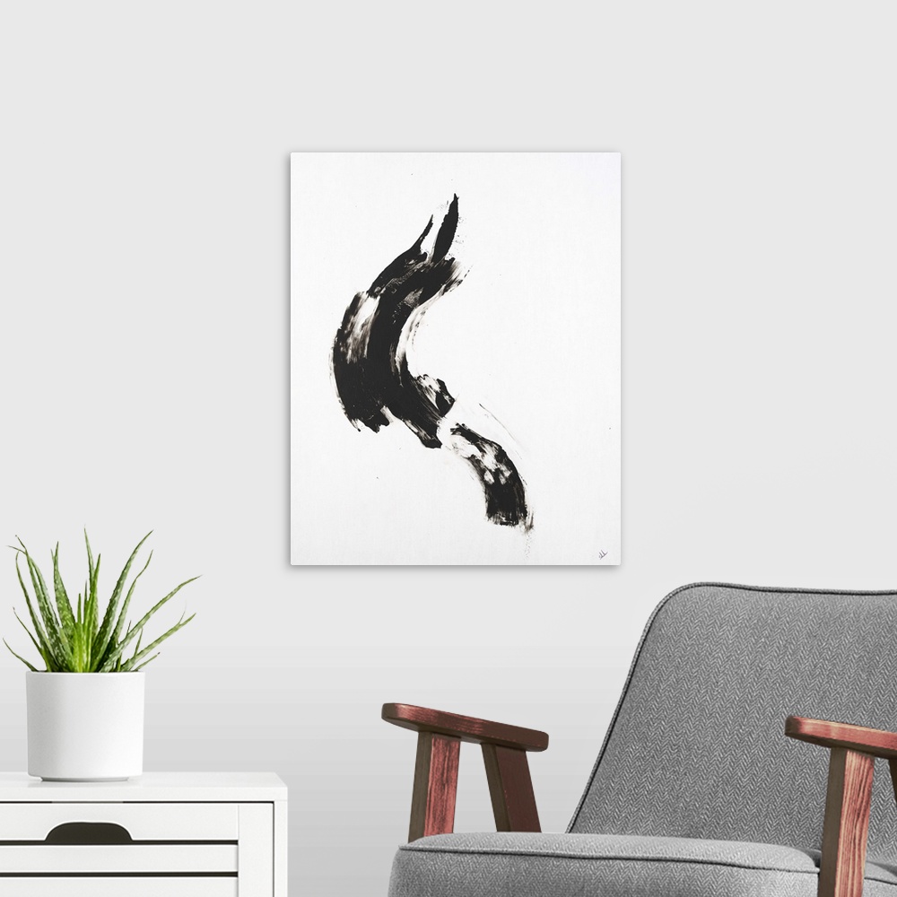A modern room featuring Minimalist abstract painting with a black brushstroke in the middle of a white background.