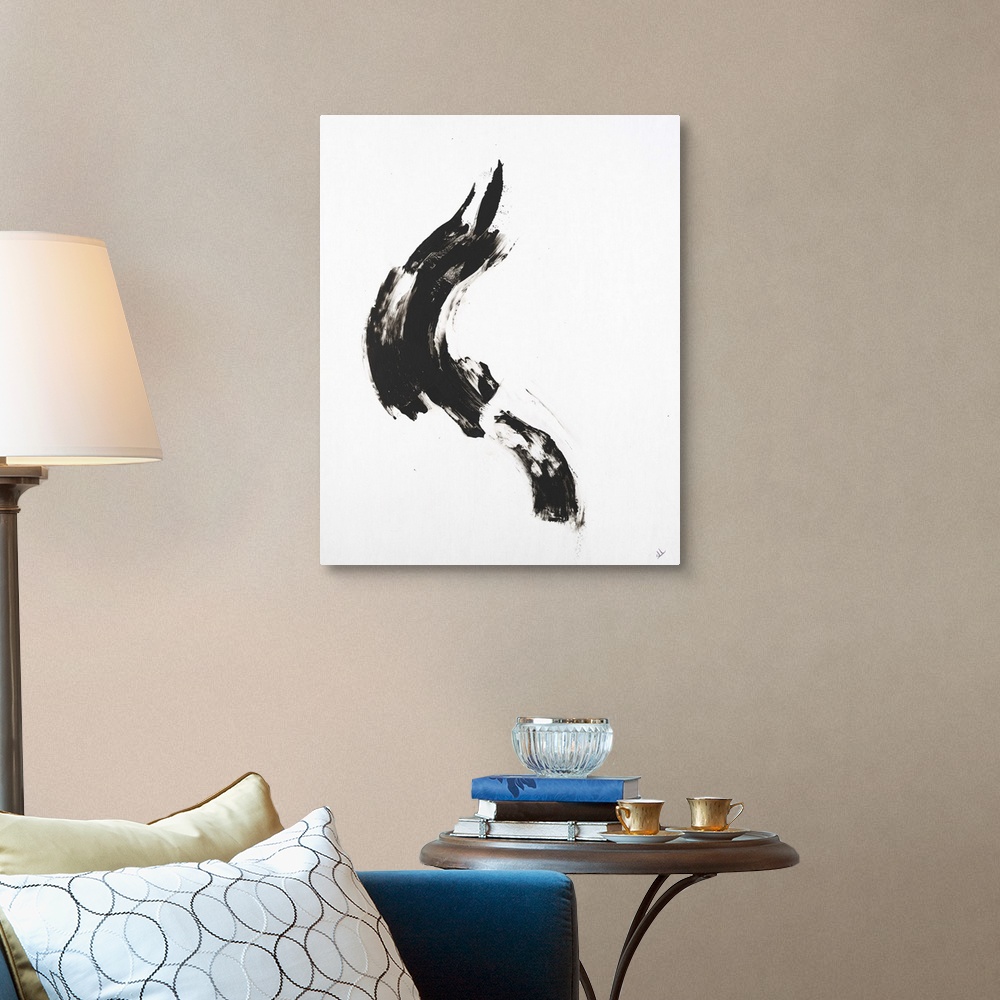 A traditional room featuring Minimalist abstract painting with a black brushstroke in the middle of a white background.