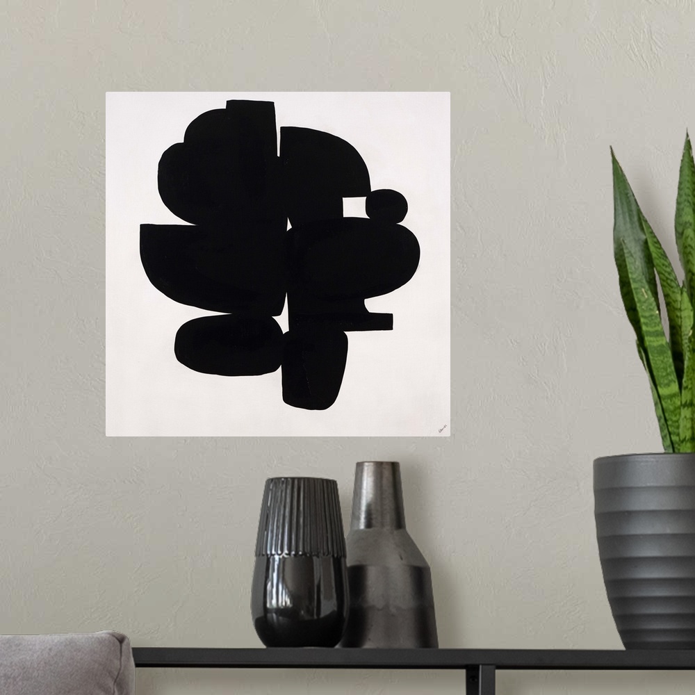 A modern room featuring Contemporary abstract painting of dense black organic shapes huddled together.