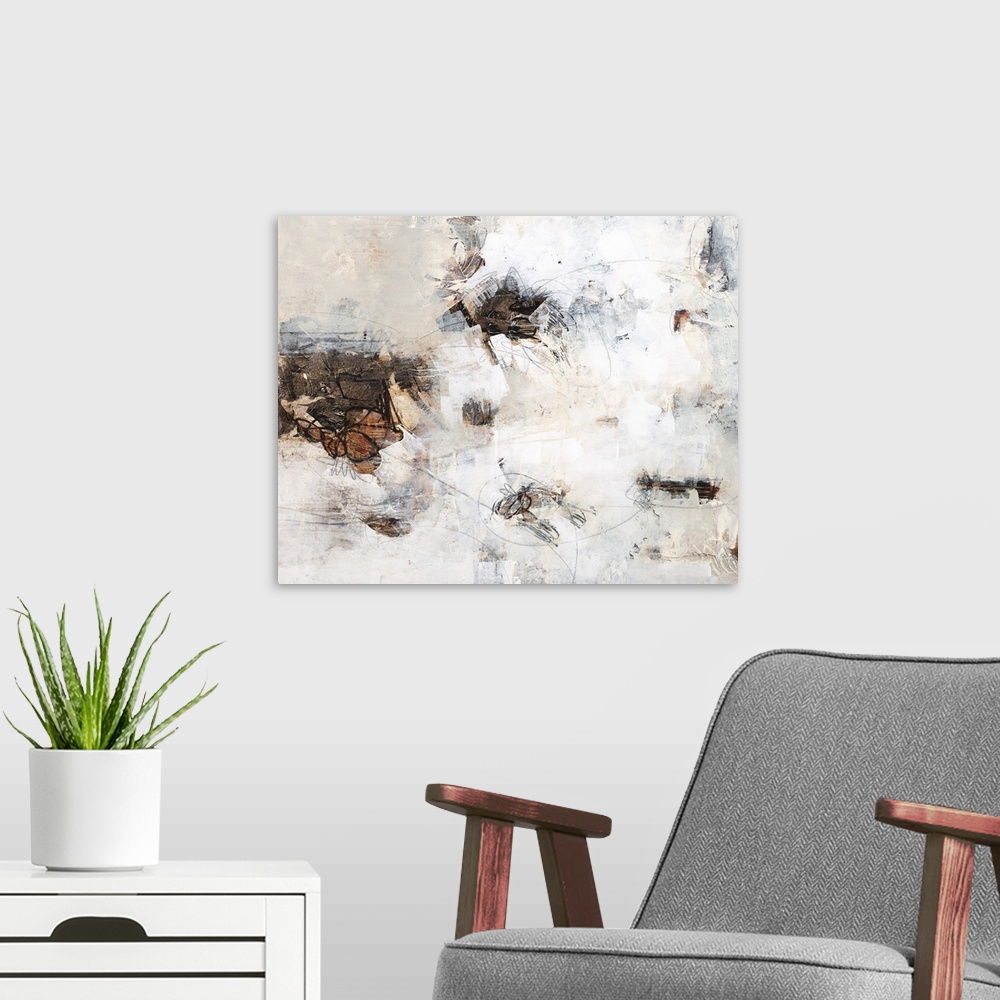 A modern room featuring Contemporary abstract painting using white and earth tones.