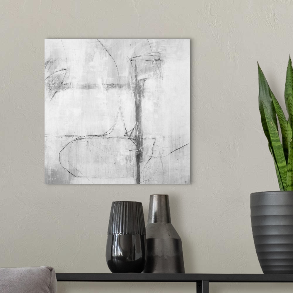A modern room featuring Contemporary abstract painting using neutral gray tones and bold thin line strokes in whimsical m...