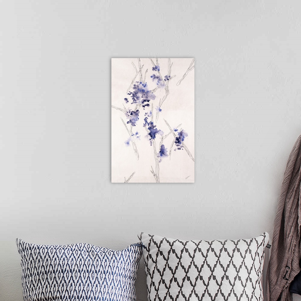 A bohemian room featuring Contemporary painting of a wispy branch with tiny purple flowers on it.