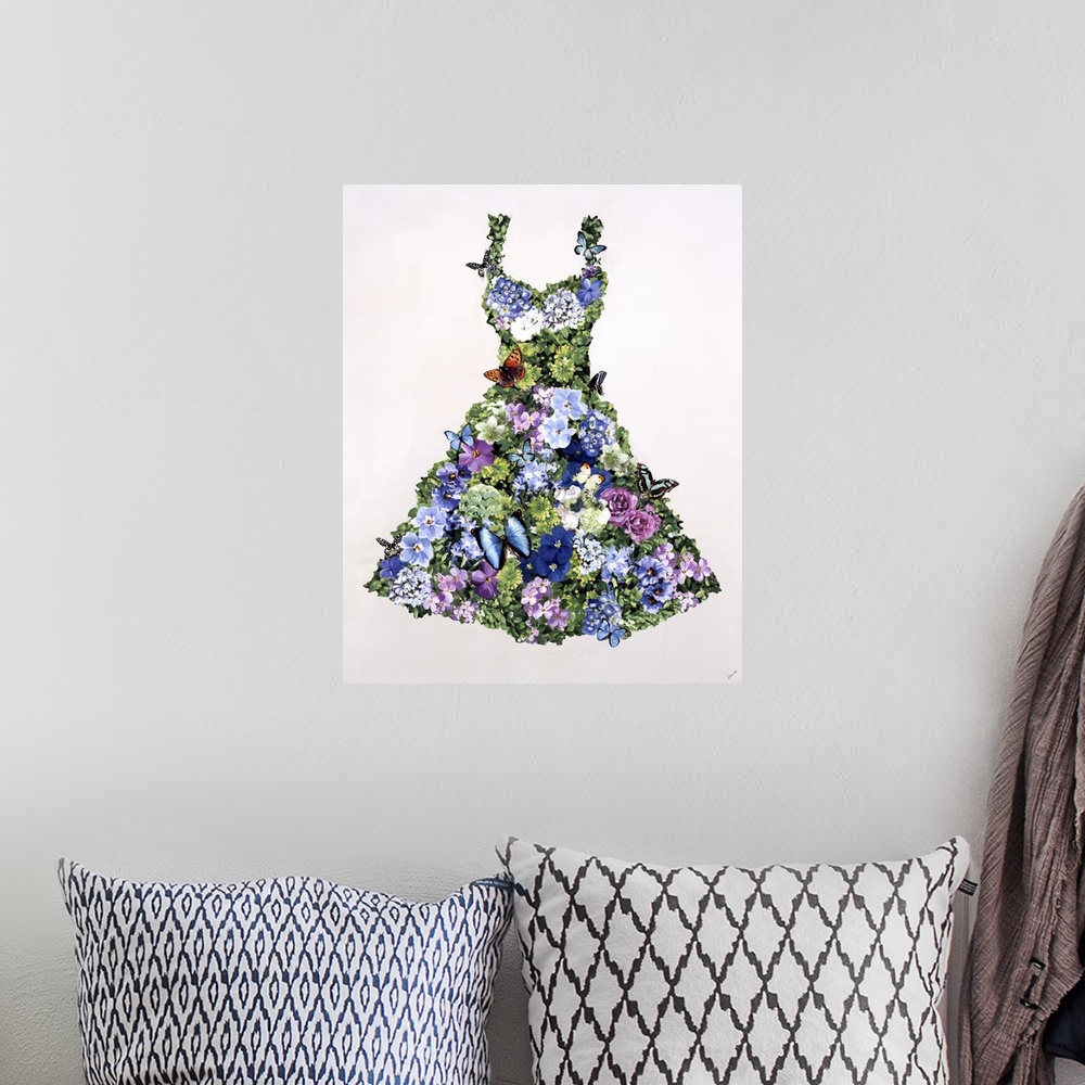 A bohemian room featuring A floral design in the shape of a dress with butterflies.