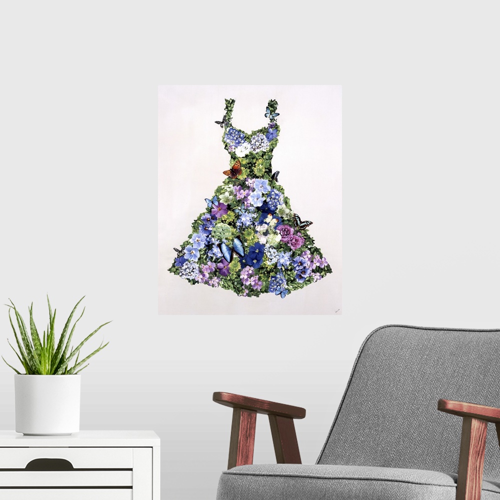 A modern room featuring A floral design in the shape of a dress with butterflies.