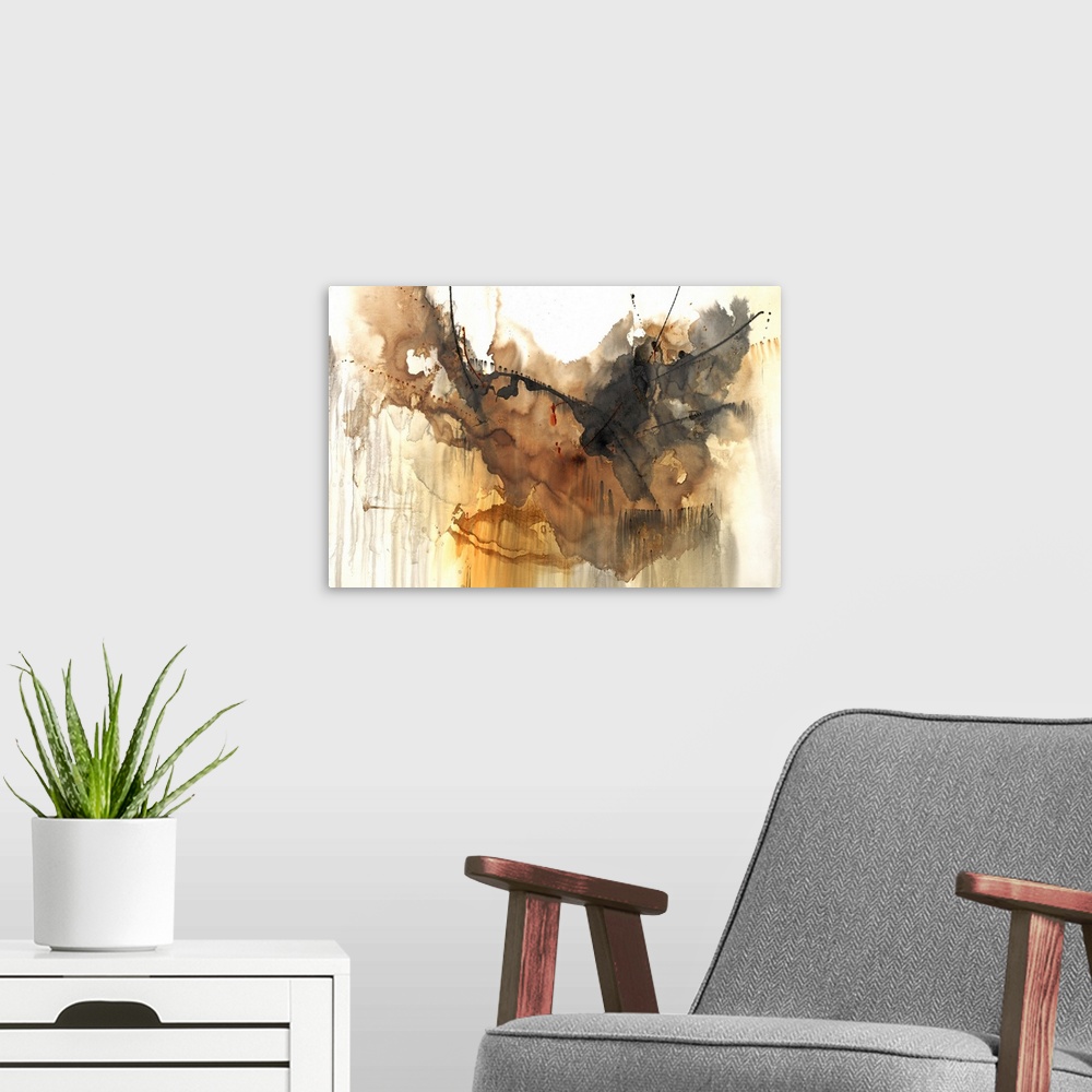 A modern room featuring Large abstract painting with earthy tones shades of brown, orange, gray, and black.