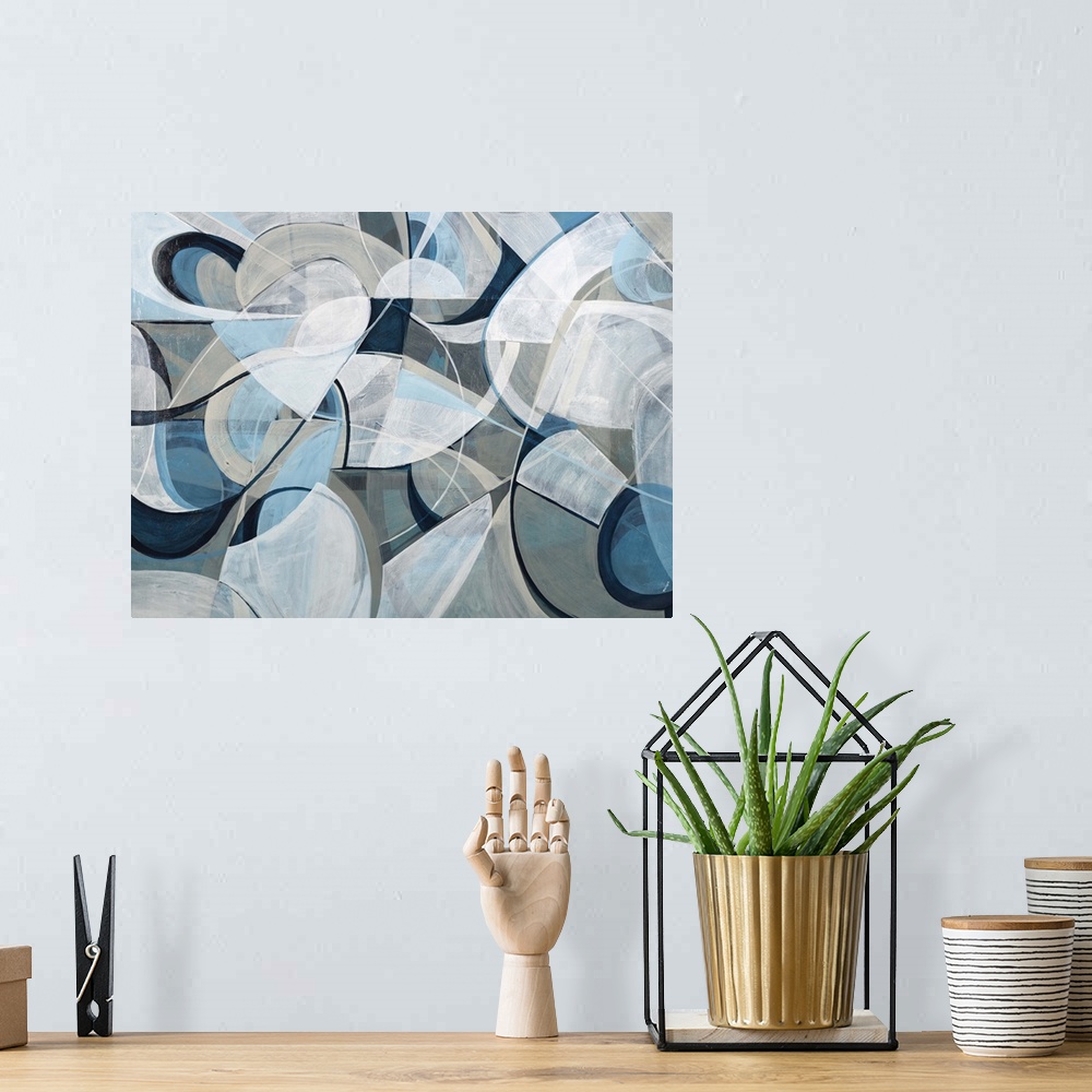 A bohemian room featuring Contemporary abstract artwork using geometric shapes in pale tone flowing against a dark gray bac...