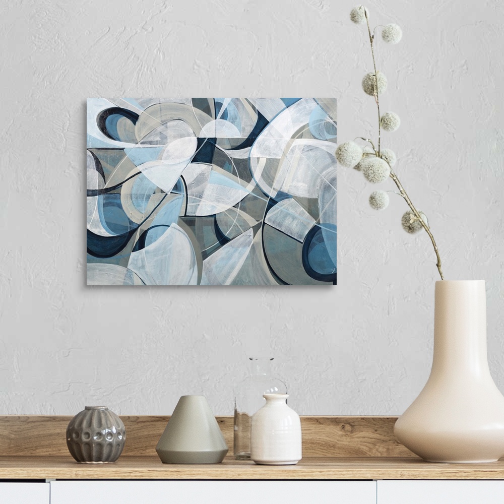 A farmhouse room featuring Contemporary abstract artwork using geometric shapes in pale tone flowing against a dark gray bac...