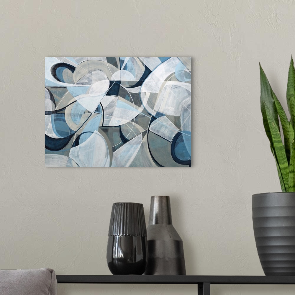 A modern room featuring Contemporary abstract artwork using geometric shapes in pale tone flowing against a dark gray bac...