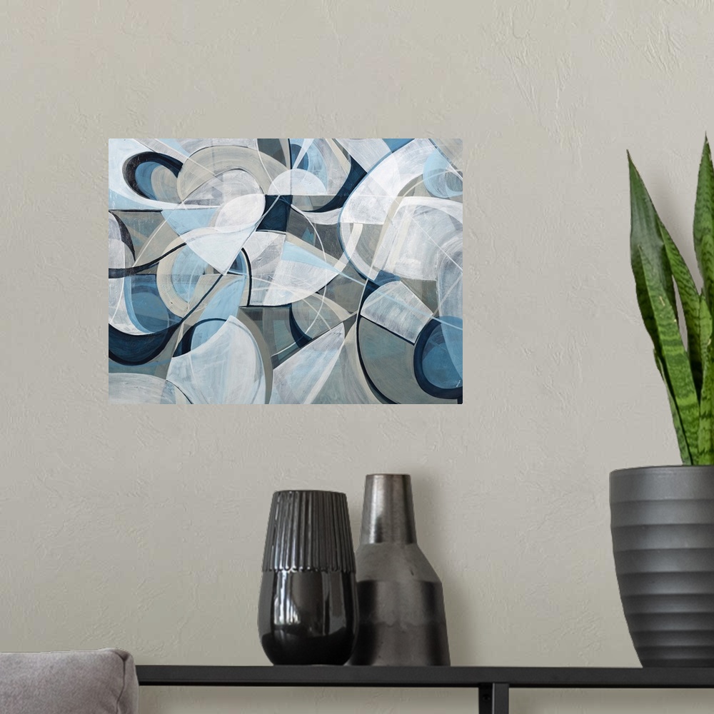 A modern room featuring Contemporary abstract artwork using geometric shapes in pale tone flowing against a dark gray bac...