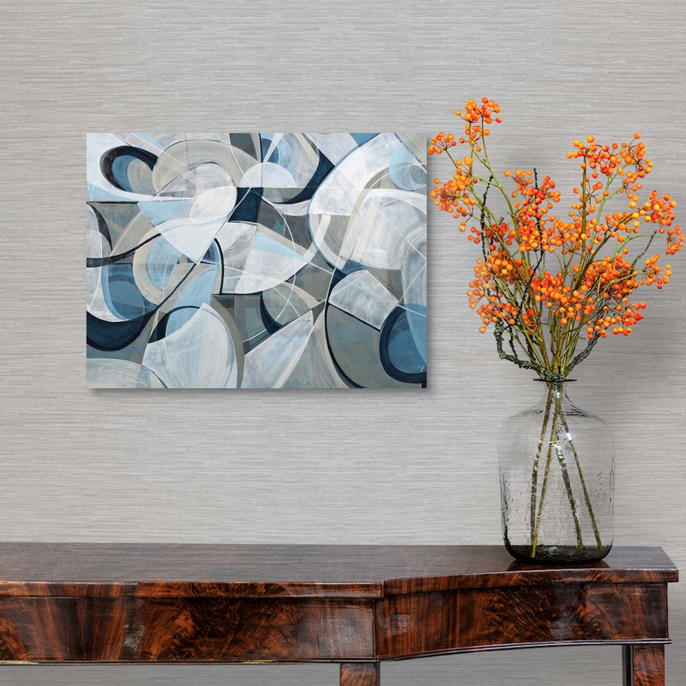 A traditional room featuring Contemporary abstract artwork using geometric shapes in pale tone flowing against a dark gray bac...