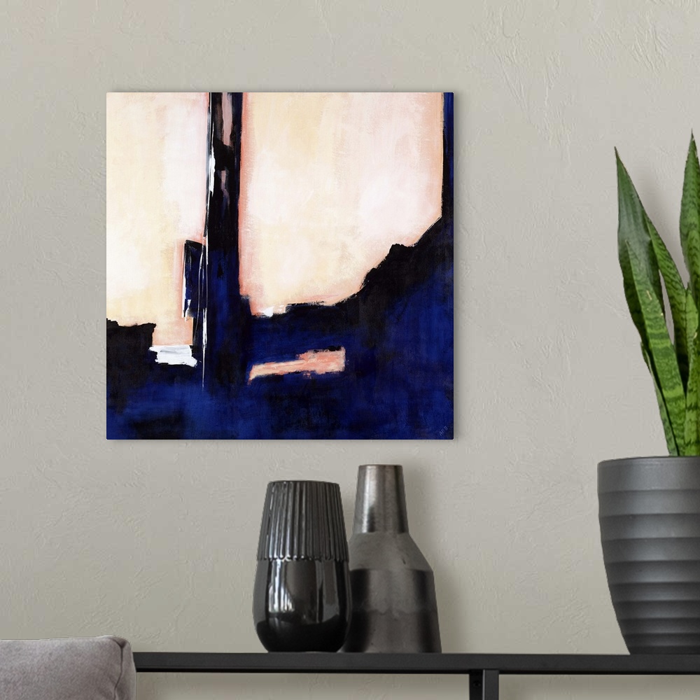 A modern room featuring Abstract painting with a deep, thick blue and black design taking up most of the canvas on a subt...