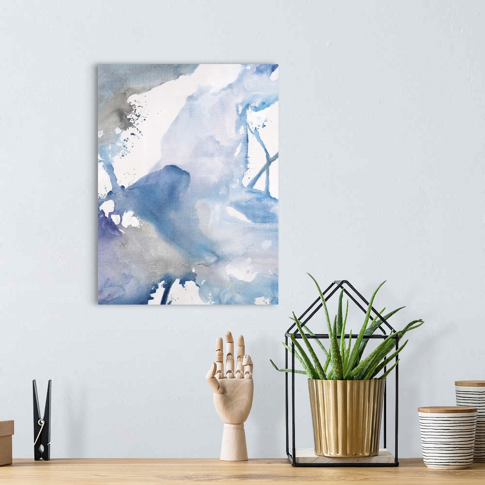A bohemian room featuring Abstract watercolor painting of swirling cool tones that connect with thin lines or soft color tr...