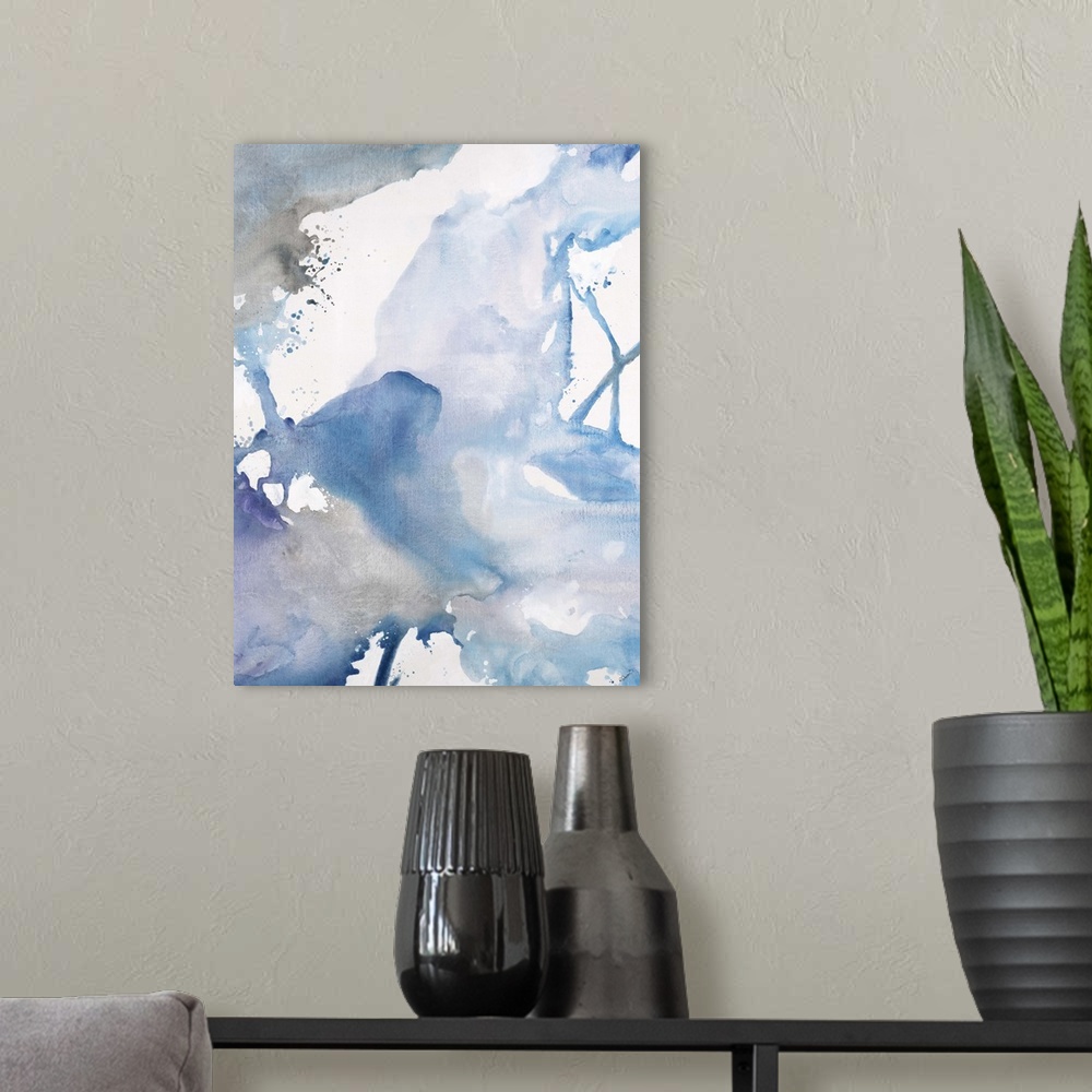 A modern room featuring Abstract watercolor painting of swirling cool tones that connect with thin lines or soft color tr...