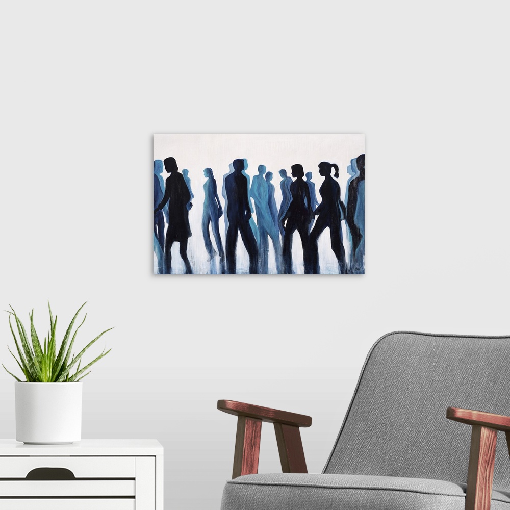A modern room featuring Contemporary painting of silhouetted figures in dark blue tones appearing to be walking.