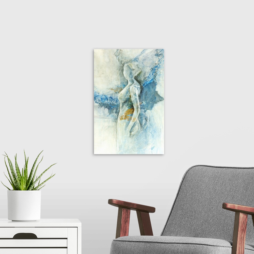 A modern room featuring Figurative art of the profile of a standing woman in cool and neutral tones, with patches of colo...