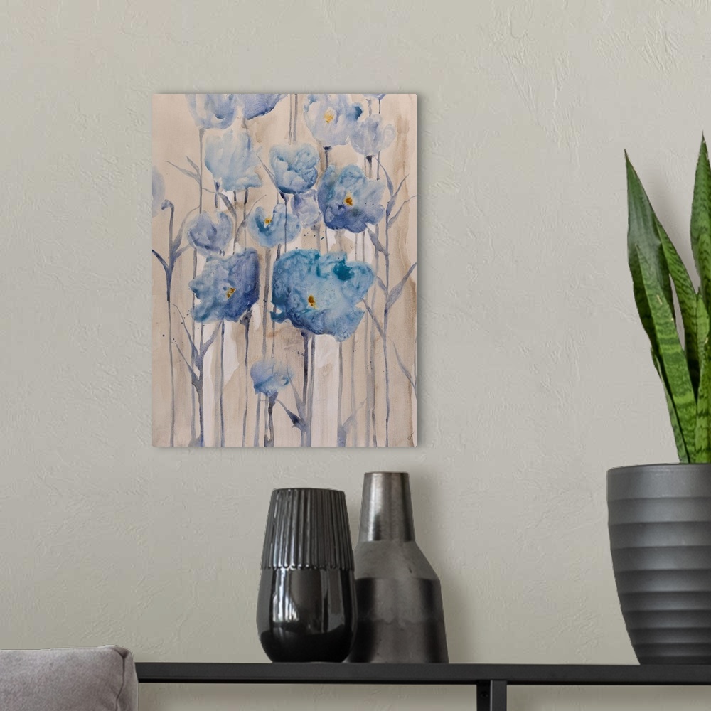 A modern room featuring Blue Petals Rising I