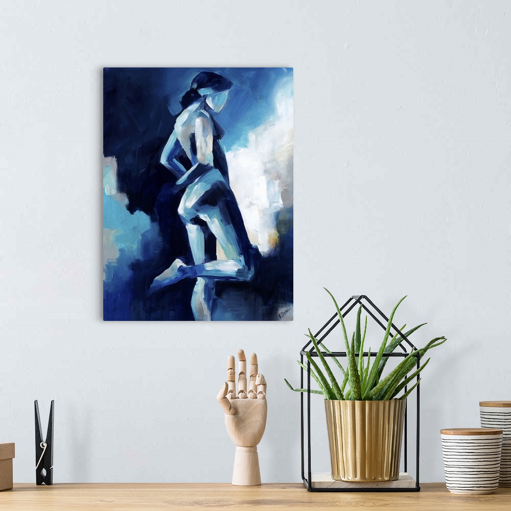 A bohemian room featuring Contemporary figurative painting in blue tones ranging from light to dark of a nude woman standin...