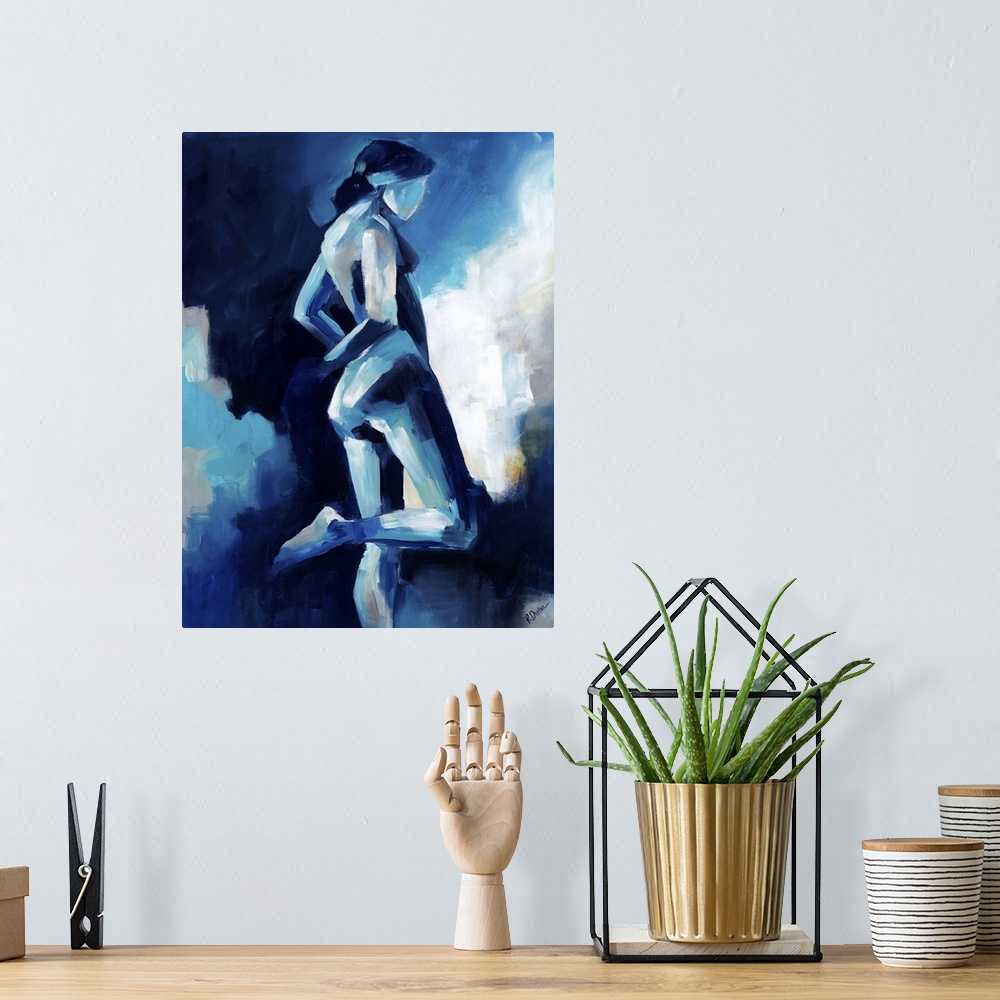 A bohemian room featuring Contemporary figurative painting in blue tones ranging from light to dark of a nude woman standin...