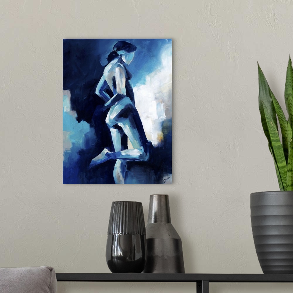 A modern room featuring Contemporary figurative painting in blue tones ranging from light to dark of a nude woman standin...