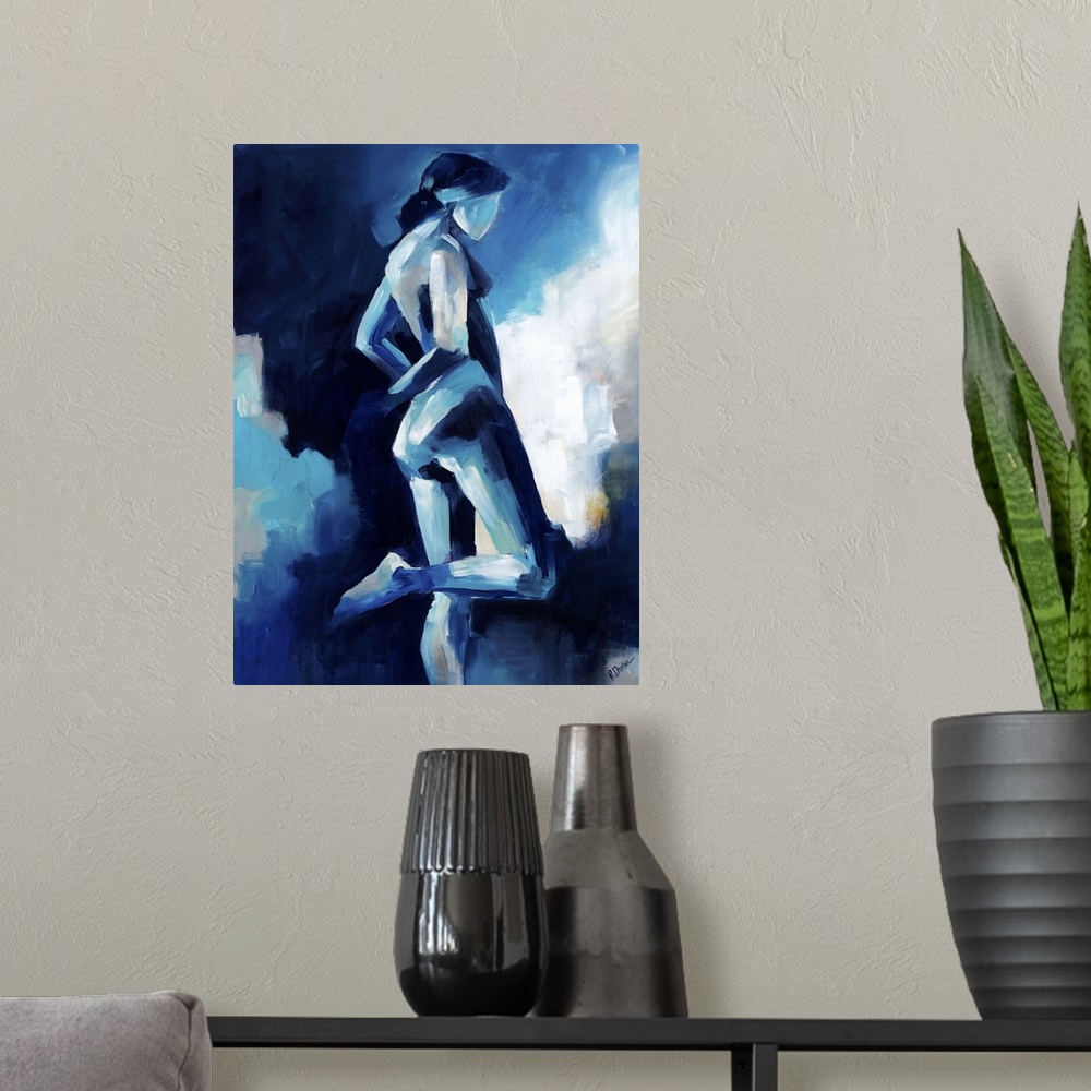 A modern room featuring Contemporary figurative painting in blue tones ranging from light to dark of a nude woman standin...