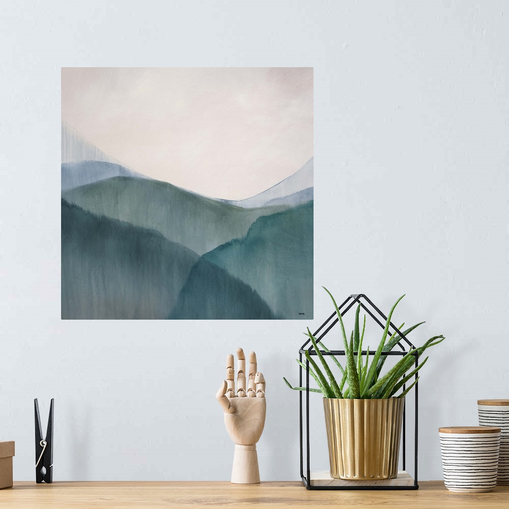 A bohemian room featuring Abstract watercolor painting of numerous hills in a valley, beneath a clear, open sky.
