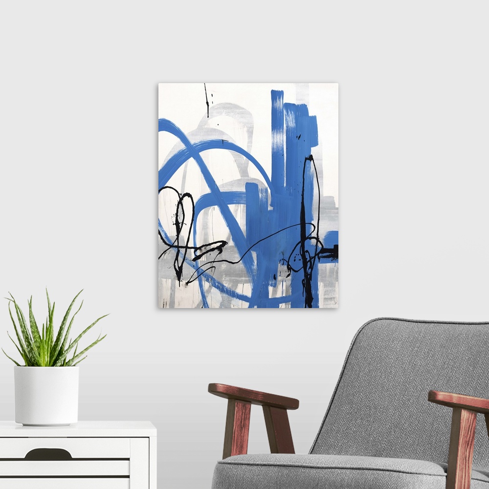 A modern room featuring Contemporary abstract painting of a neutral background with blue and black exaggerated lines.