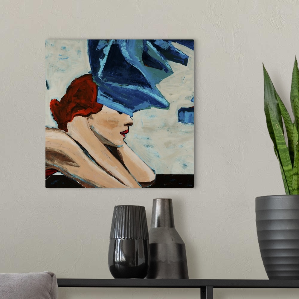 A modern room featuring Contemporary painting of a woman's arms and head as she leans on her elbows, the top of her face ...