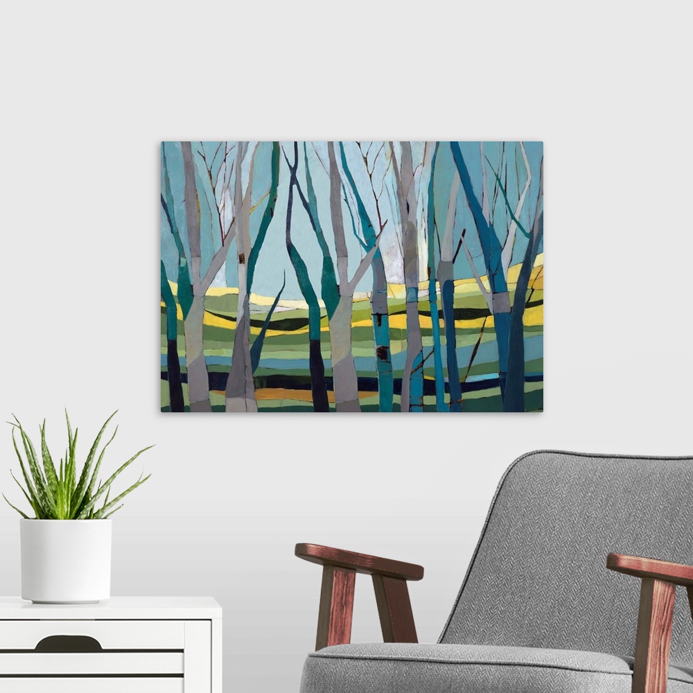 A modern room featuring Blue Woods IV